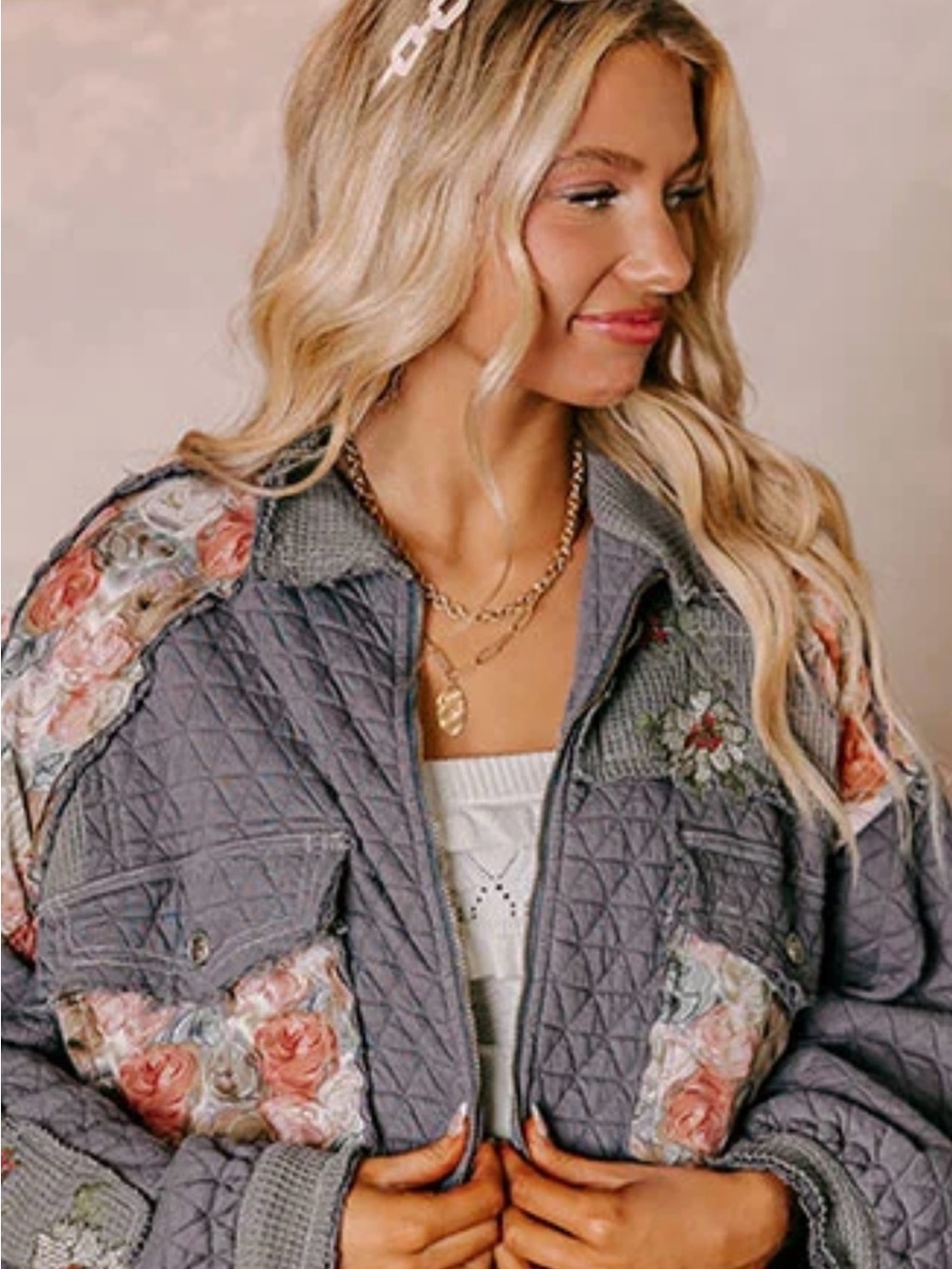 NWT POL Park Avenue Stroll Quilted Patchwork Floral Jacket In Slate Blue
